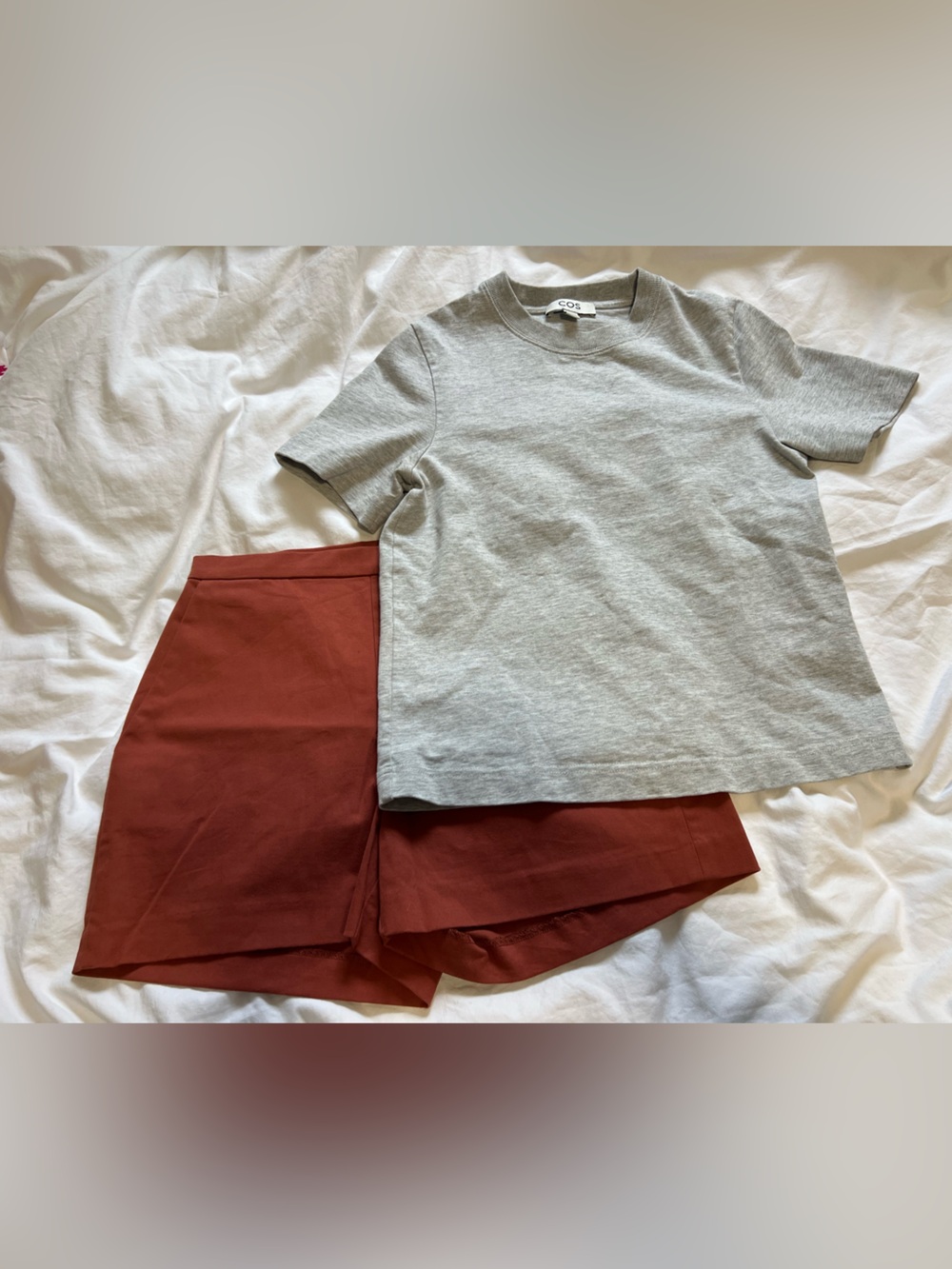 COS Light Gray Crewneck Tee with Rust Shorts